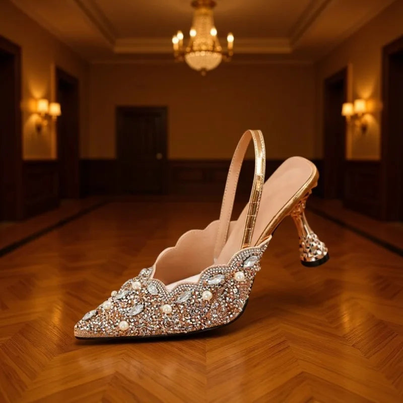 Women's Rhinestone Slingback High Heel Sandals | Elegant Pointed-Toe Banquet Dress Shoes