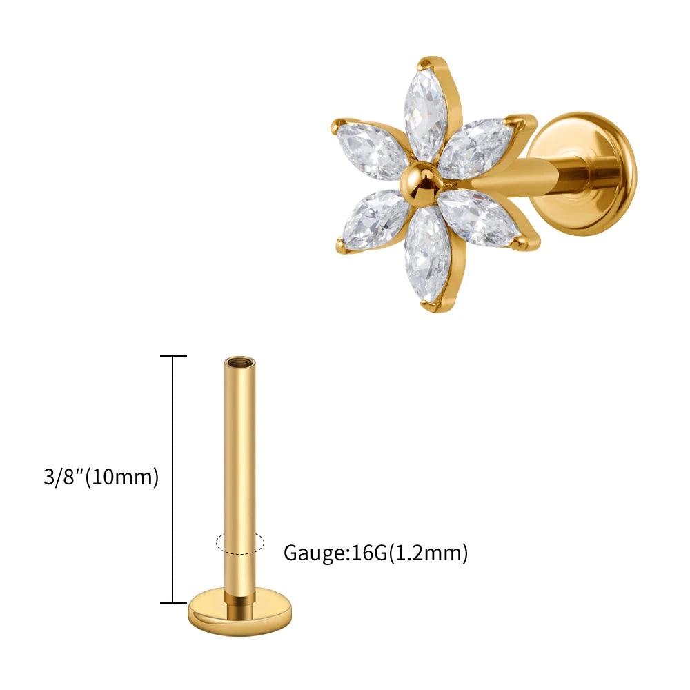 ASTM F136 Titanium 16G Marquise Flower CZ Flat Back Labret Piercing