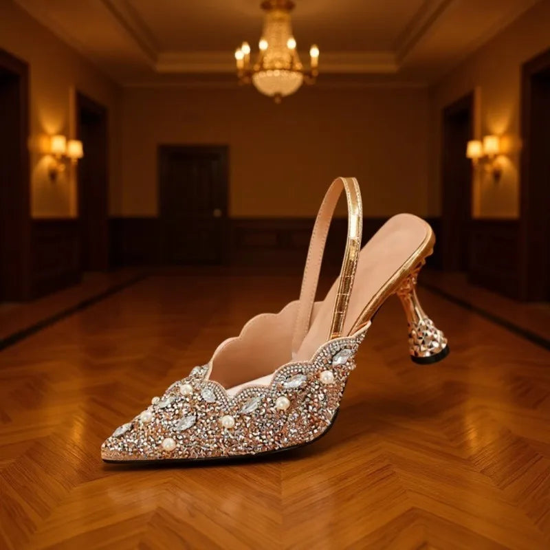 Women's Rhinestone Slingback High Heel Sandals | Elegant Pointed-Toe Banquet Dress Shoes