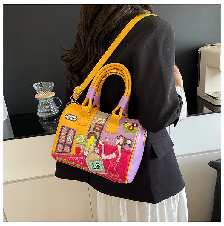 Women's Retro Patchwork Printed PU Leather Shoulder Bag