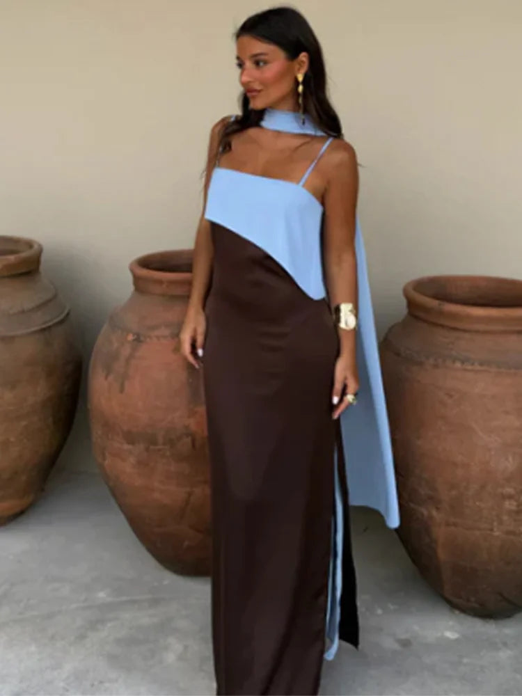 Women's Color-Block Scarf Collar High-Slit Sling Maxi Dress