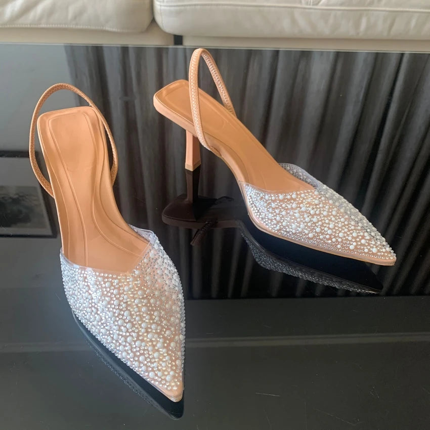 Women's Elegant Pearl-Decorated Slingback High Heel Pumps