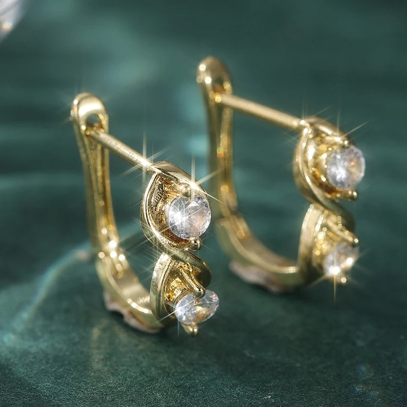 Dazzling Gold Color White CZ Hoops Women's Earrings Metal Hand Carving Geometry Party Daily Wear