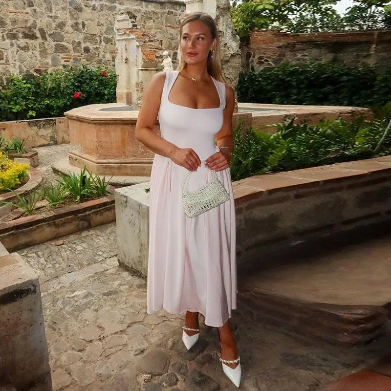 Elegant Square Neck Midi Dress For Women Elegant Solid Sleeveless High Waist Long Dress 2025 Summer Holiday Evening Vestidos