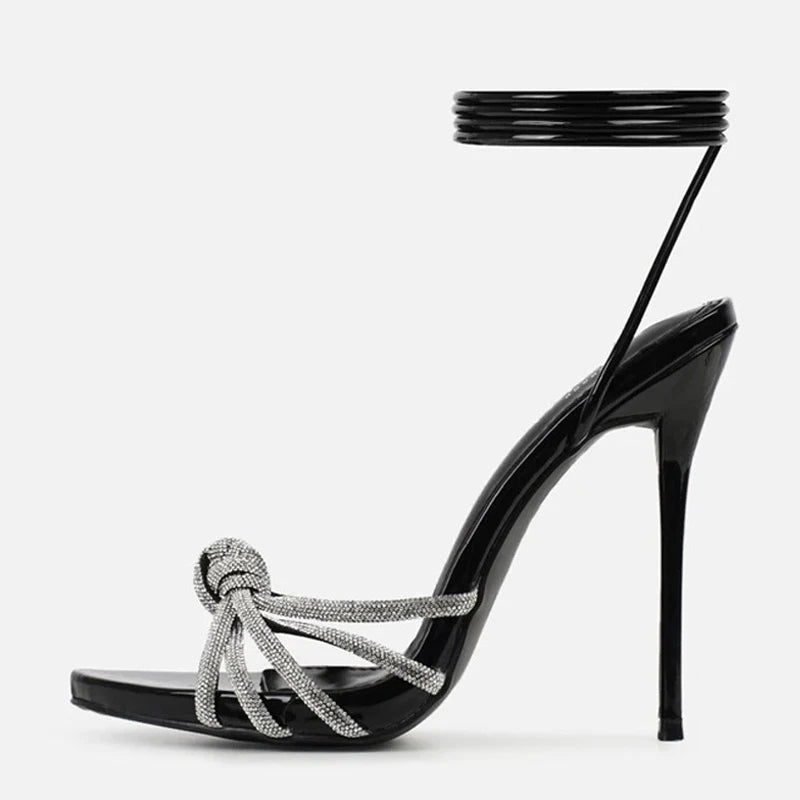Liyke Silver Crystal Narrow-Band Platform High Heel Sandals for Wedding & Prom