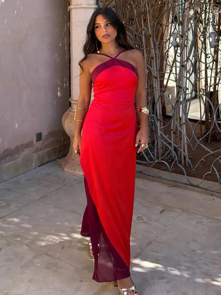 Women's Color-Block Scarf Collar High-Slit Sling Maxi Dress