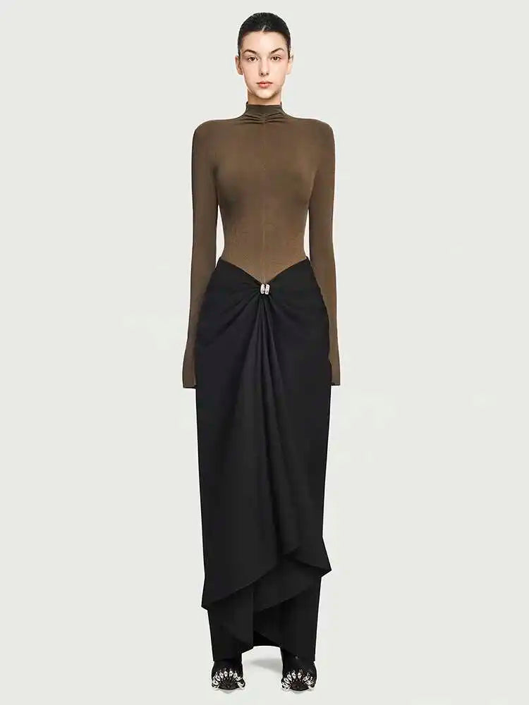 Women's Stand-Collar Metal Buckle Pleated Asymmetrical Evening Maxi Dress