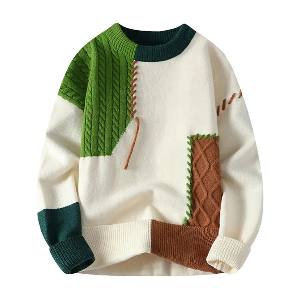 Men Long Sleeve Sweater Men's Winter Colorblock Patchwork Sweater with Irregular Design Round Neck Knit Loose Fit Thick Sport
