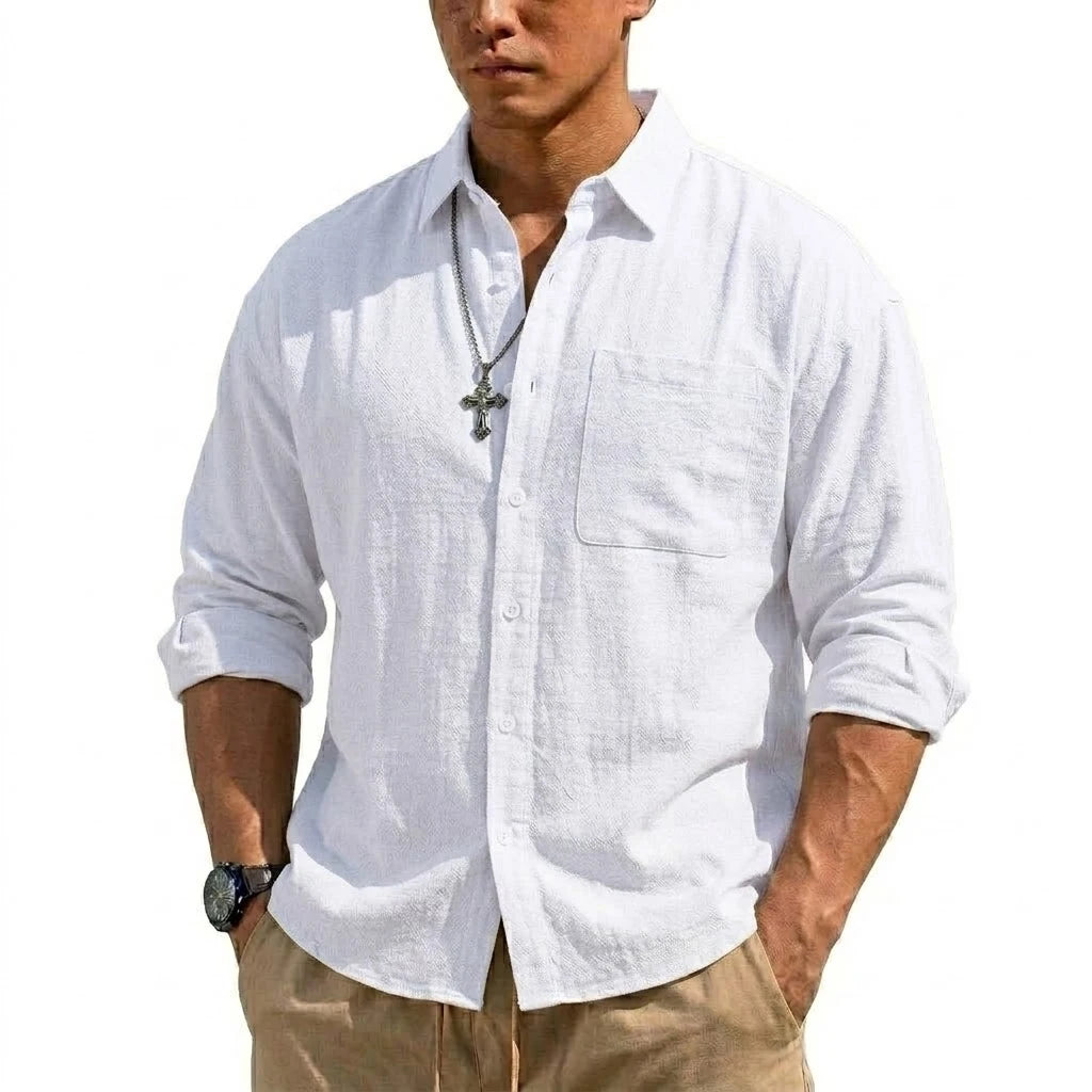 Men's Breathable Cotton-Linen Long Sleeve Button-Down Shirt