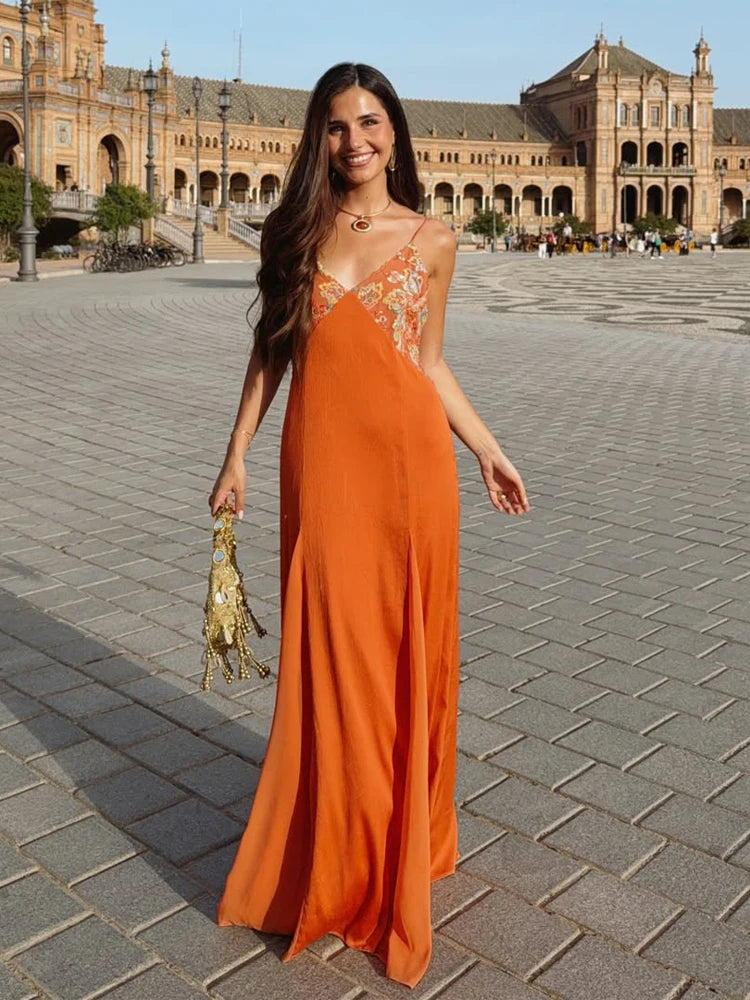 Women's Color-Block Scarf Collar High-Slit Sling Maxi Dress