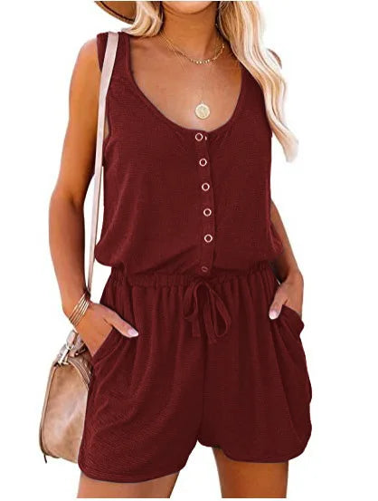 European and American Women's Summer Cross-Border New Sleeveless Jumpsuit Waist Casual Loose Wide Leg Shorts