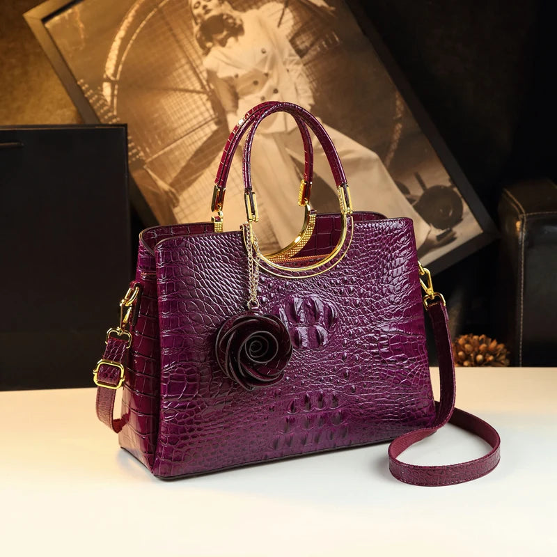 Women's Crocodile Pattern Genuine Leather Top-Handle Handbag with Floral Charm