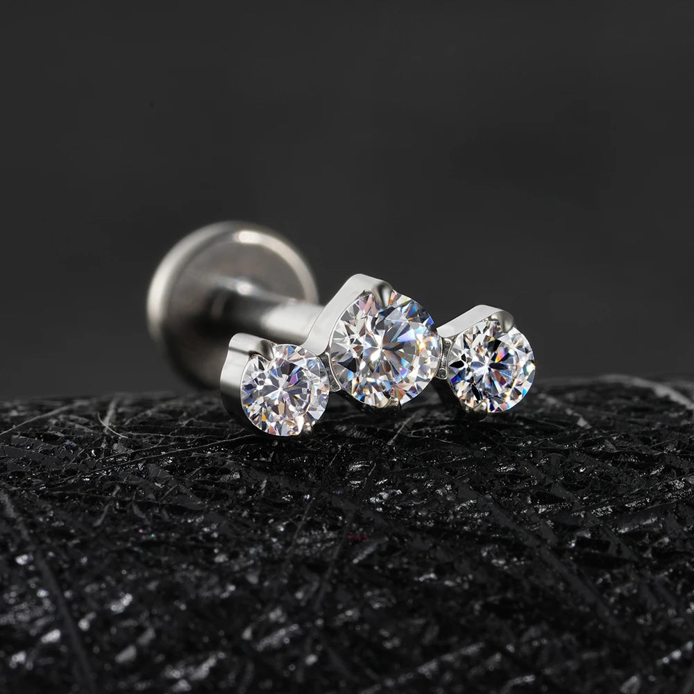 ASTM F136 Titanium 16G Triple CZ Cluster Flat Back Labret Piercing