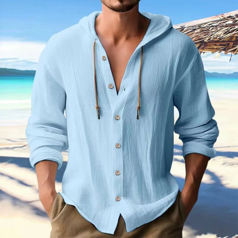 Men's Loose Cotton-Linen Long-Sleeve Hooded Shirt