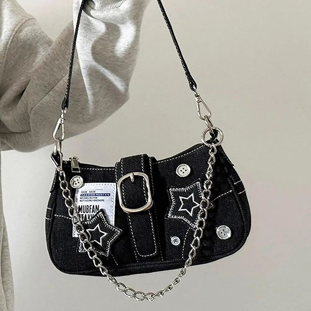 Y2K Denim Star Pattern Rivet Shoulder & Armpit Bag