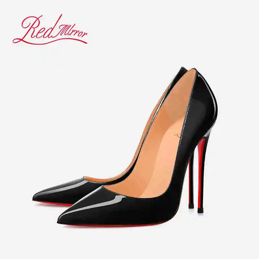 Women's Black Glossy Pointed-Toe Stiletto Pumps with Radiant Red Outsoles