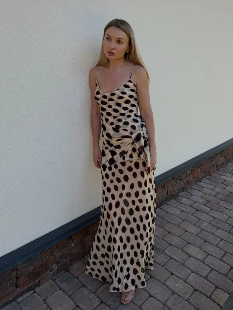 Women's Animal Print V-Neck Ruched Drawstring Slip Maxi Dress