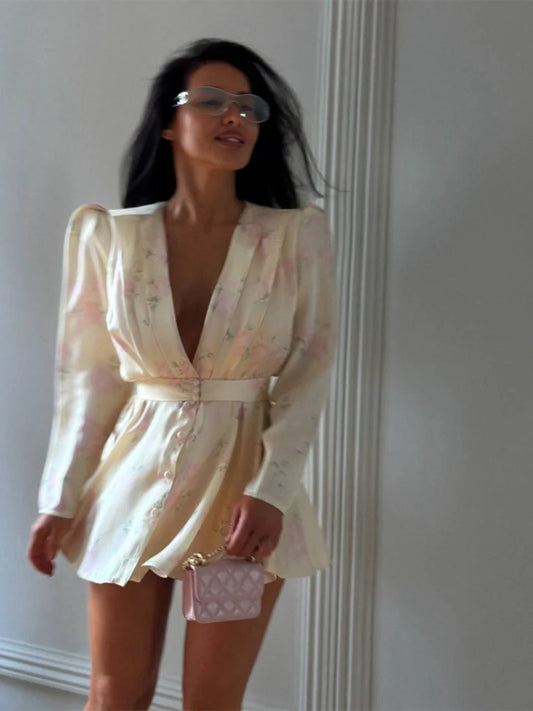 Women's Printed Waistband Puff-Sleeve Satin V-Neck Mini Dress