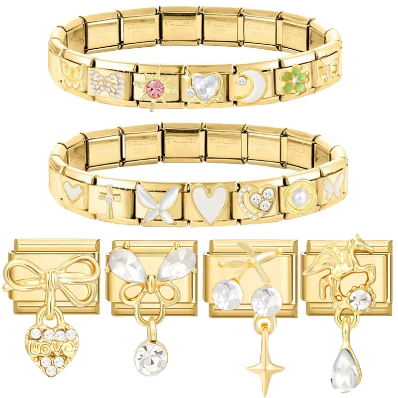 Zircon Heart Bow Butterfly Flowers Gold Color Italian Charm Links Fit 9MM Stainless Steel Bracelet Women Men DIY Making Jewelry