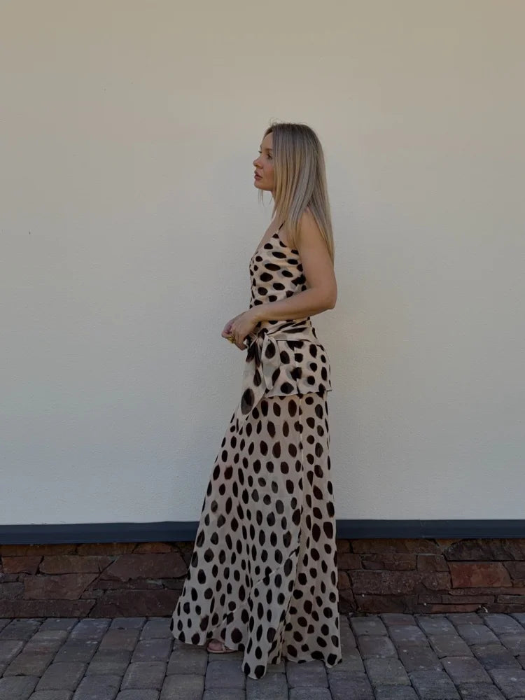 Women's Animal Print V-Neck Ruched Drawstring Slip Maxi Dress