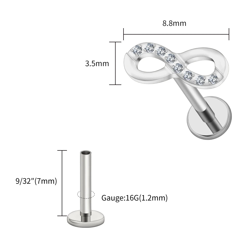 Right Grand ASTM F136 Titanium CZ Infinity Symbol Stud Earring 16G Cartilage Helix Tragus Stud Flat Back Labret Piercing Jewelry