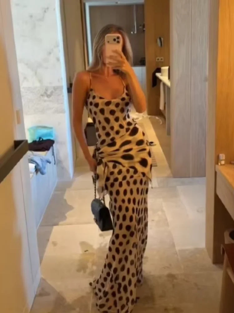 Women's Animal Print V-Neck Ruched Drawstring Slip Maxi Dress