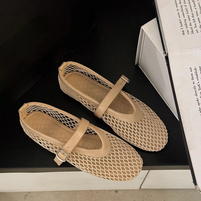 Women's Summer Cut-Out Mary Jane Fishnet Flats | Casual Round-Toe Buckle Shoes