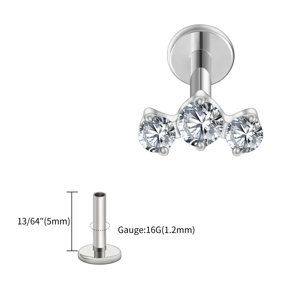 ASTM F136 Titanium 16G Triple CZ Cluster Flat Back Labret Piercing