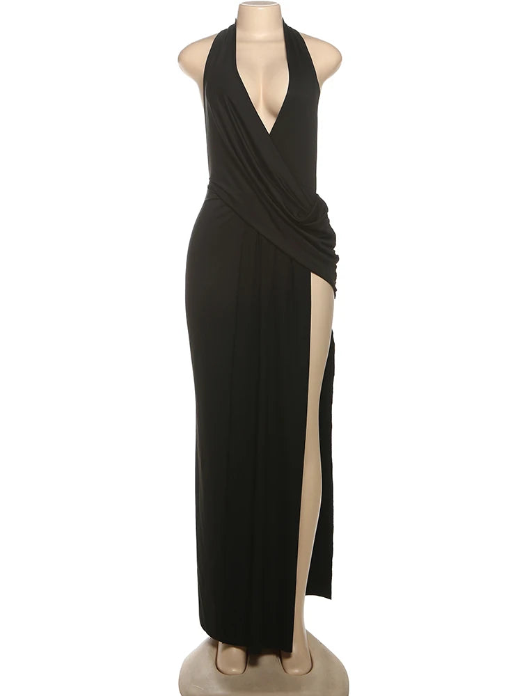 Women's Halter Deep V-Neck Ruched High-Split Maxi Dress