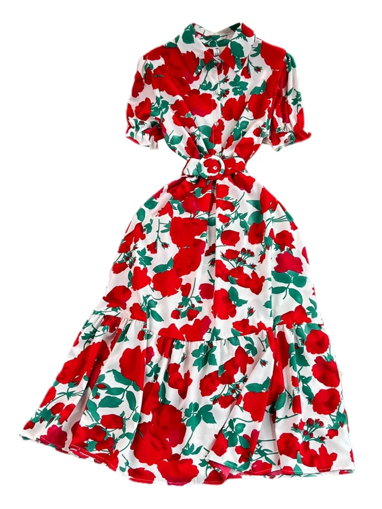 Retro Bubble Sve  Collar Slim Fit Midi Dr Floral Print ort Sve Women's Korean Sle Commute High Waist irt D...