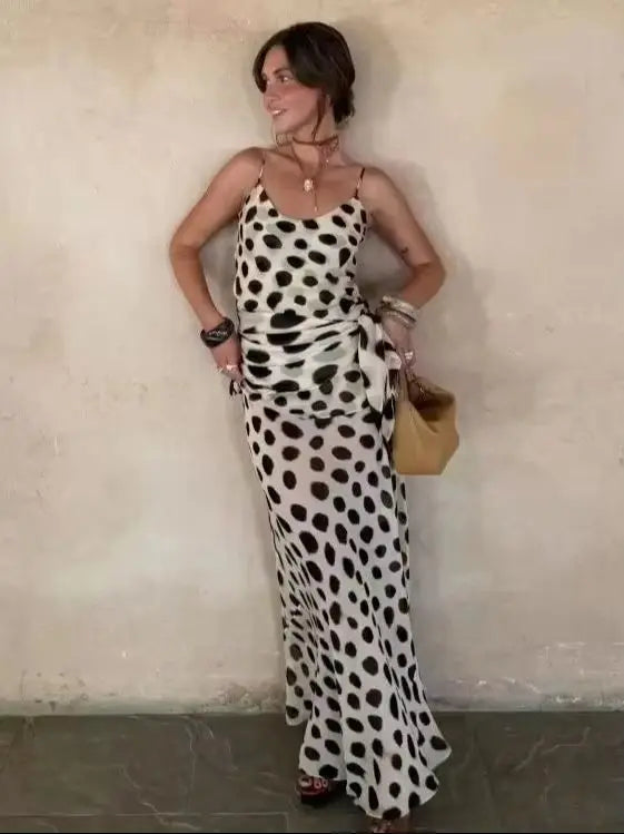 Women's Animal Print V-Neck Ruched Drawstring Slip Maxi Dress