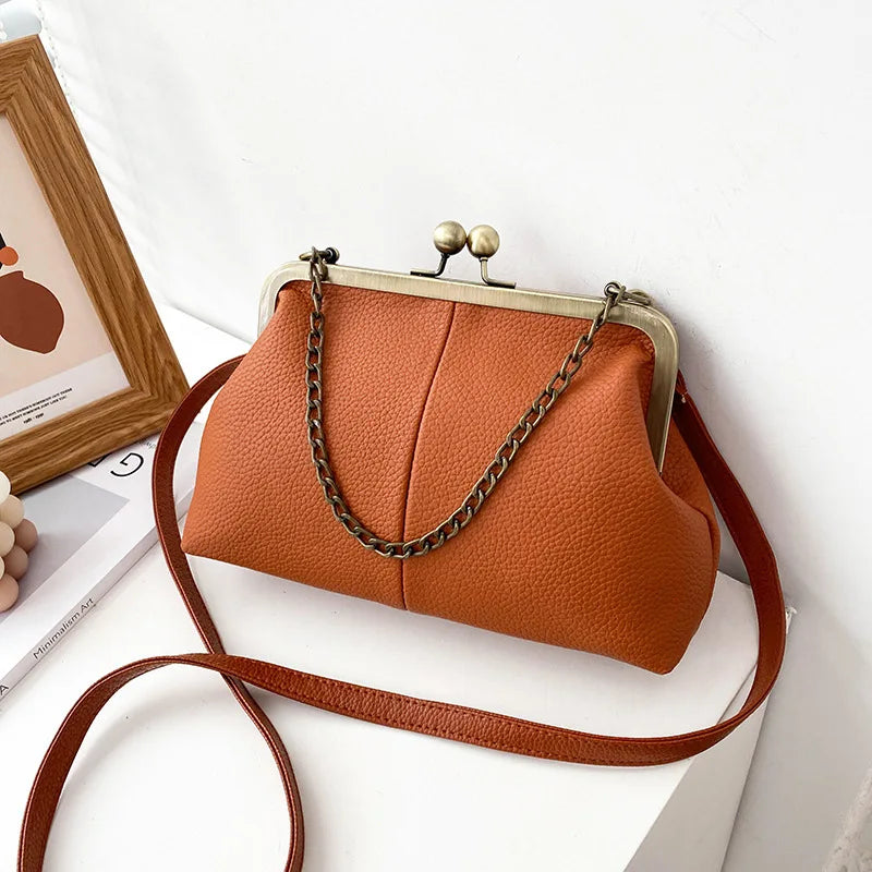 Women's Vintage Kiss-Lock PU Leather Chain Crossbody & Shoulder Bag