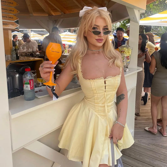 Mingmingxi 2024 Summer Lovely A Line Dress Yellow Sexy Party Dresses Hollow Out Lace Up Elegant Holiday Dress Women
