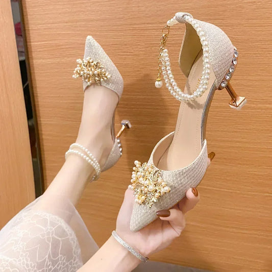 Women's Pointed Toe Metal Beaded High Heel Wedding & Banquet Pumps