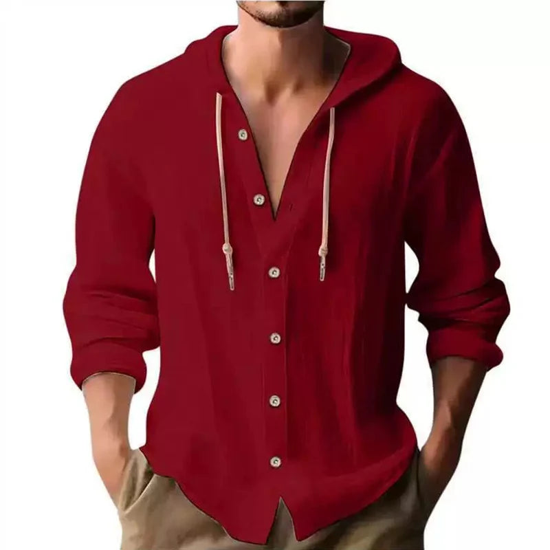 Men's Loose Cotton-Linen Long-Sleeve Hooded Shirt
