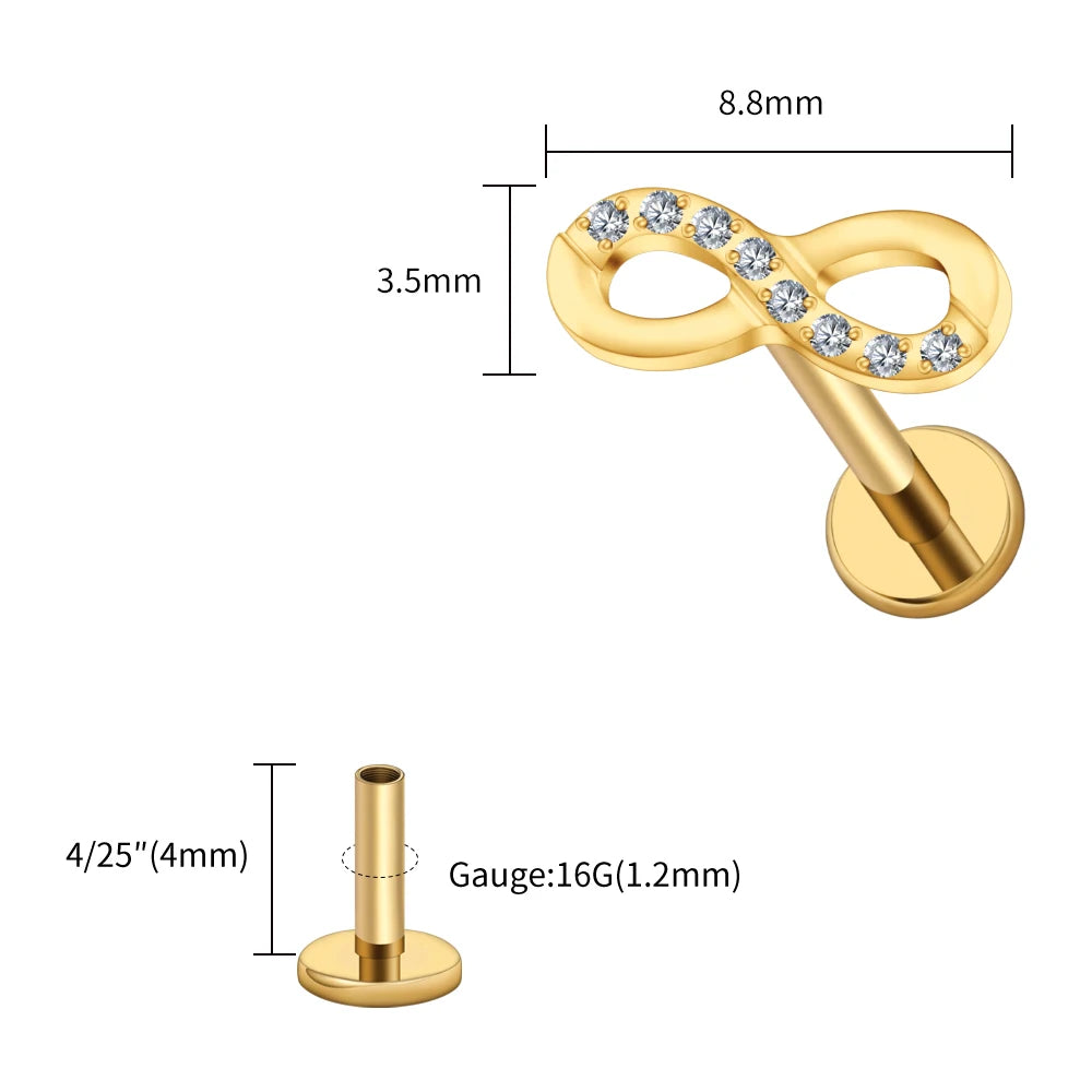Right Grand ASTM F136 Titanium CZ Infinity Symbol Stud Earring 16G Cartilage Helix Tragus Stud Flat Back Labret Piercing Jewelry