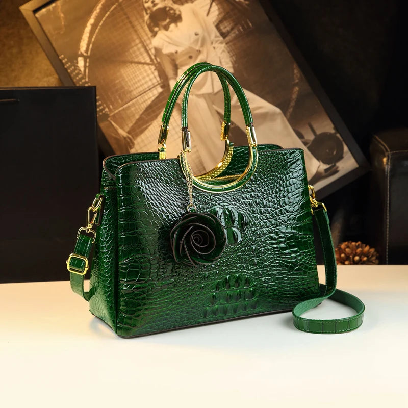 Women's Crocodile Pattern Genuine Leather Top-Handle Handbag with Floral Charm