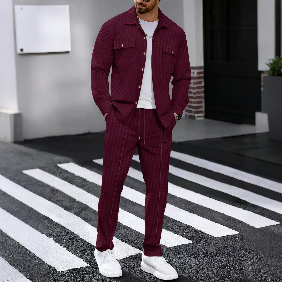 Men's Waffle Check Button Jacket & Pants Set