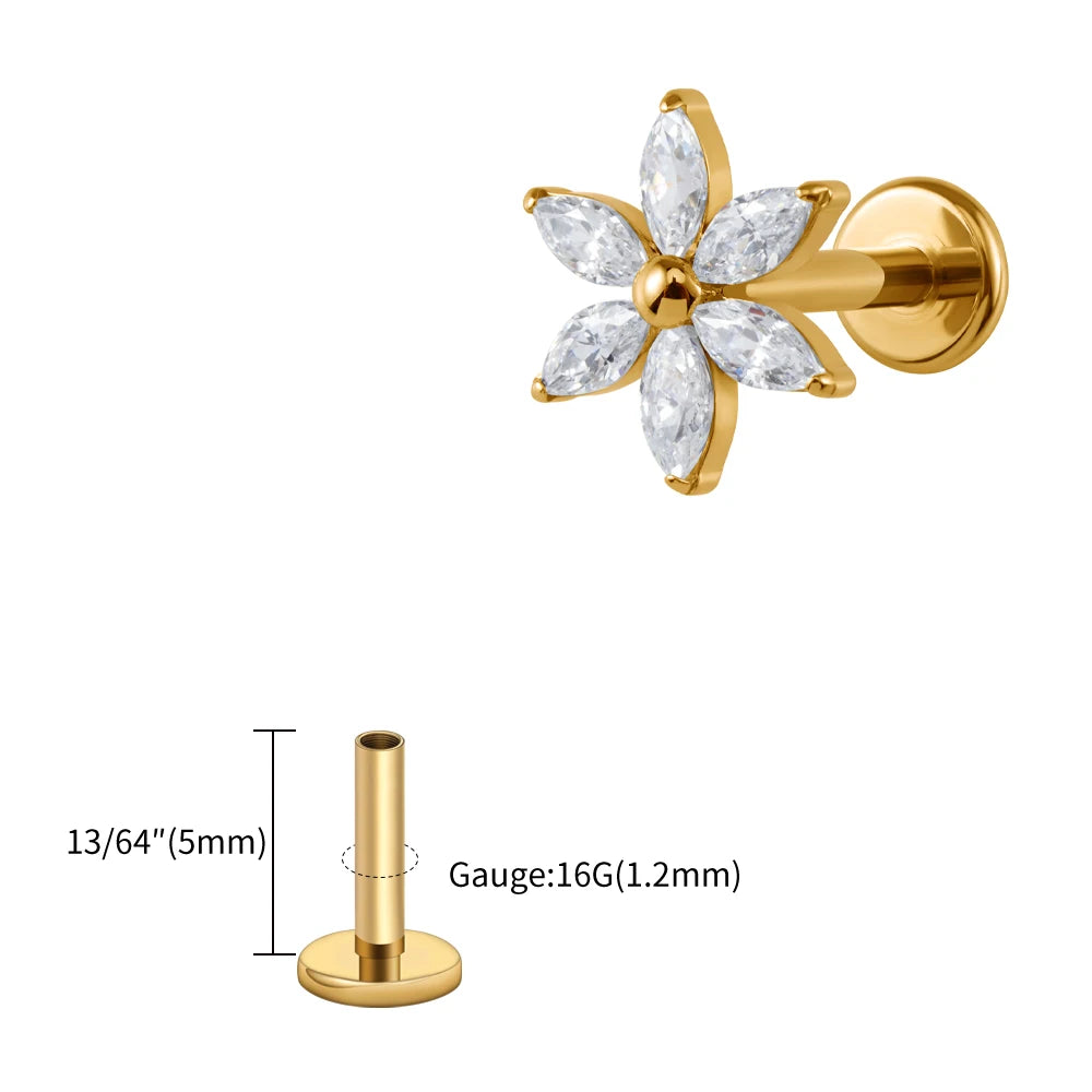 ASTM F136 Titanium 16G Marquise Flower CZ Flat Back Labret Piercing
