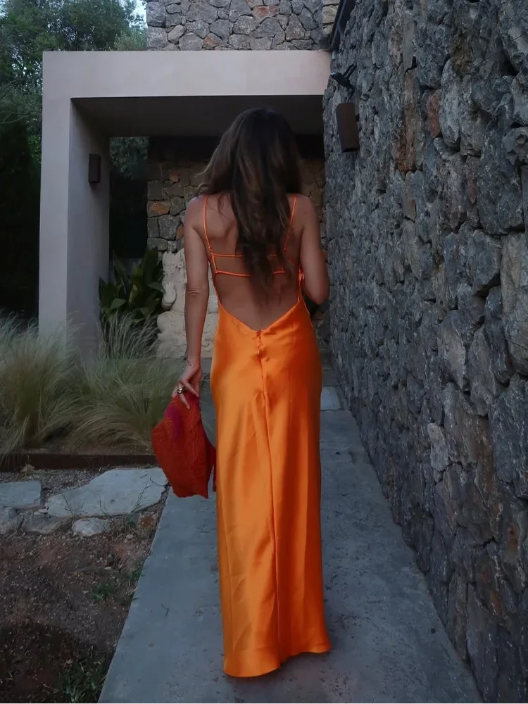 Orange Satin Lace Up Sling Long Dresses Women Fashion V Neck Backless Sleeveless Maxi Robe Summer Female Evening Party Club Gown