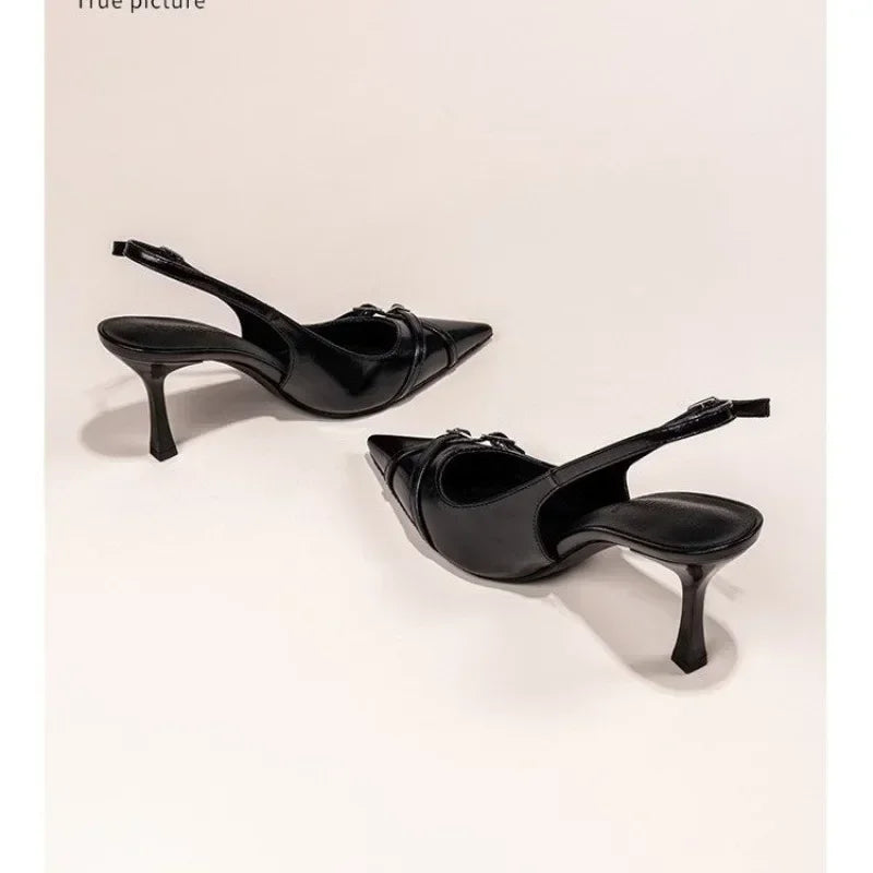 Women's Summer Pointed-Toe Black Stiletto Heels with Decorative Buckle