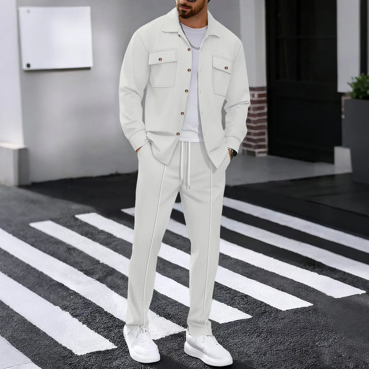 Men's Waffle Check Button Jacket & Pants Set