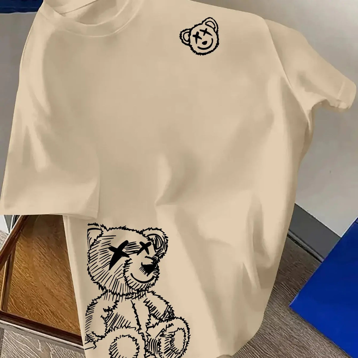 Men's 100% Pure Cotton Cartoon Bear Pattern Printed Casual Loose round Neck Short Sleeved T-Shirt Fashionable Sports Top