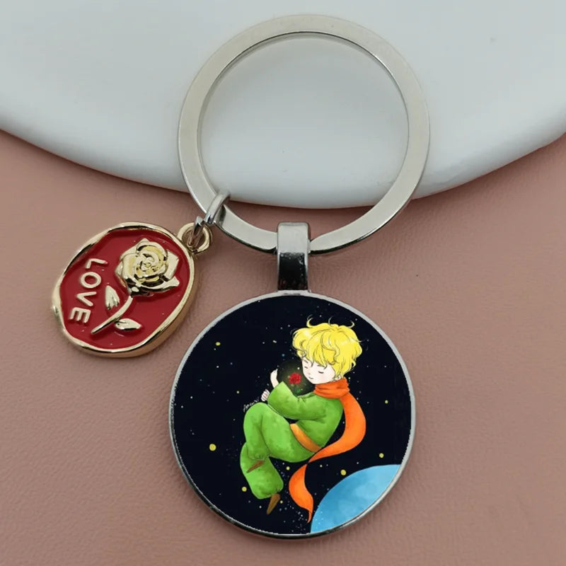 Little Prince Round Glass & Enamel Rose Keychain | DIY Handcrafted Car Keyring & Bag Charm