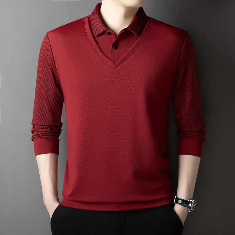 Men’s Long-Sleeve Layered Look Polo Shirt – Business Casual Versatile Top