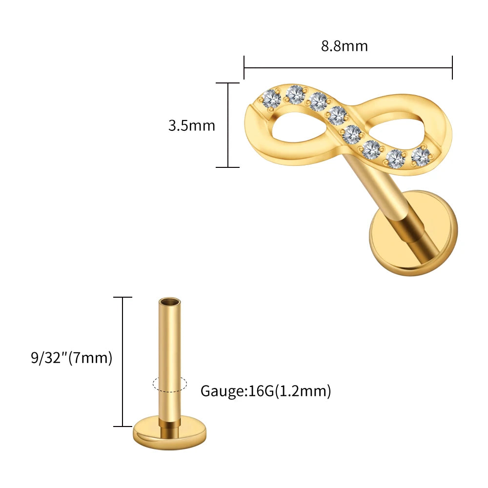 Right Grand ASTM F136 Titanium CZ Infinity Symbol Stud Earring 16G Cartilage Helix Tragus Stud Flat Back Labret Piercing Jewelry