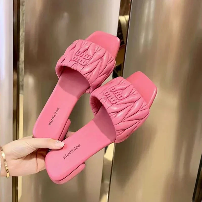 Women's Summer Solid-Color Square-Toe Lightweight Square-Heel Mules & Slides