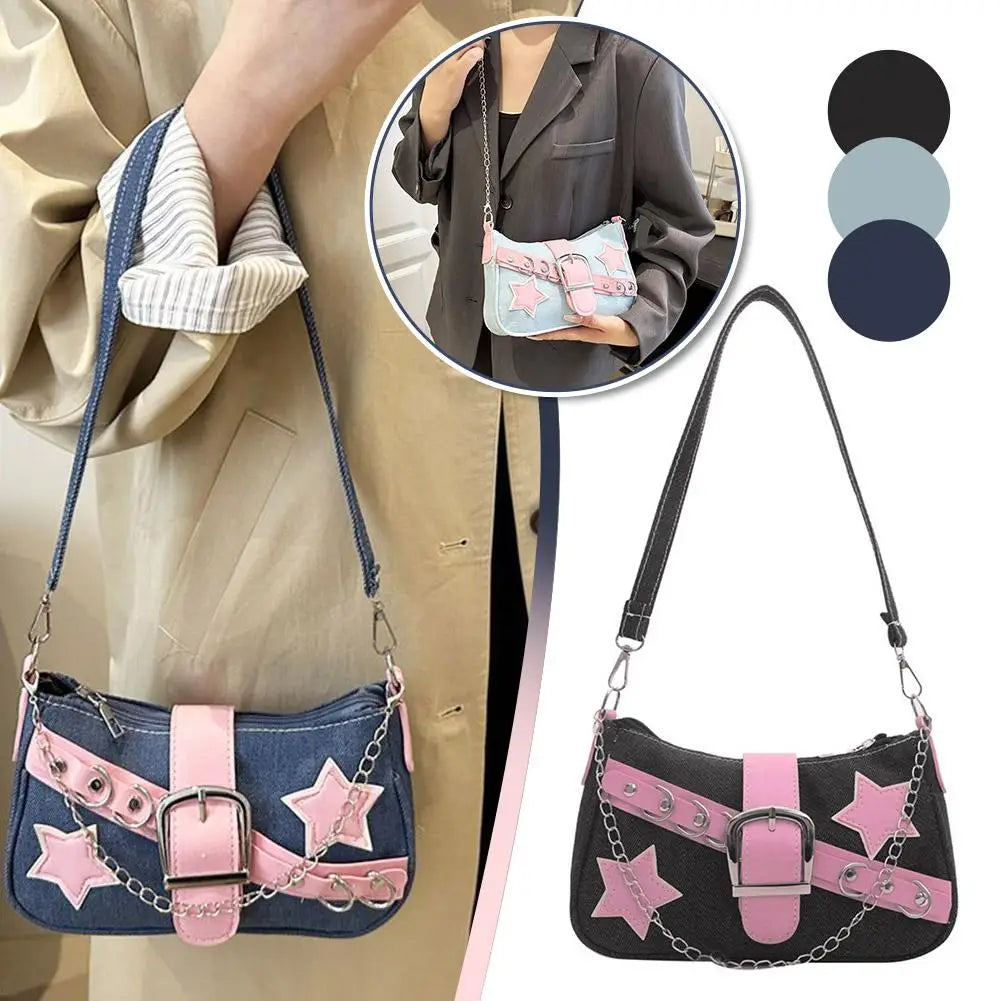 Women's Denim Star Pattern Underarm Bag & Chain Shoulder Hobo Bag