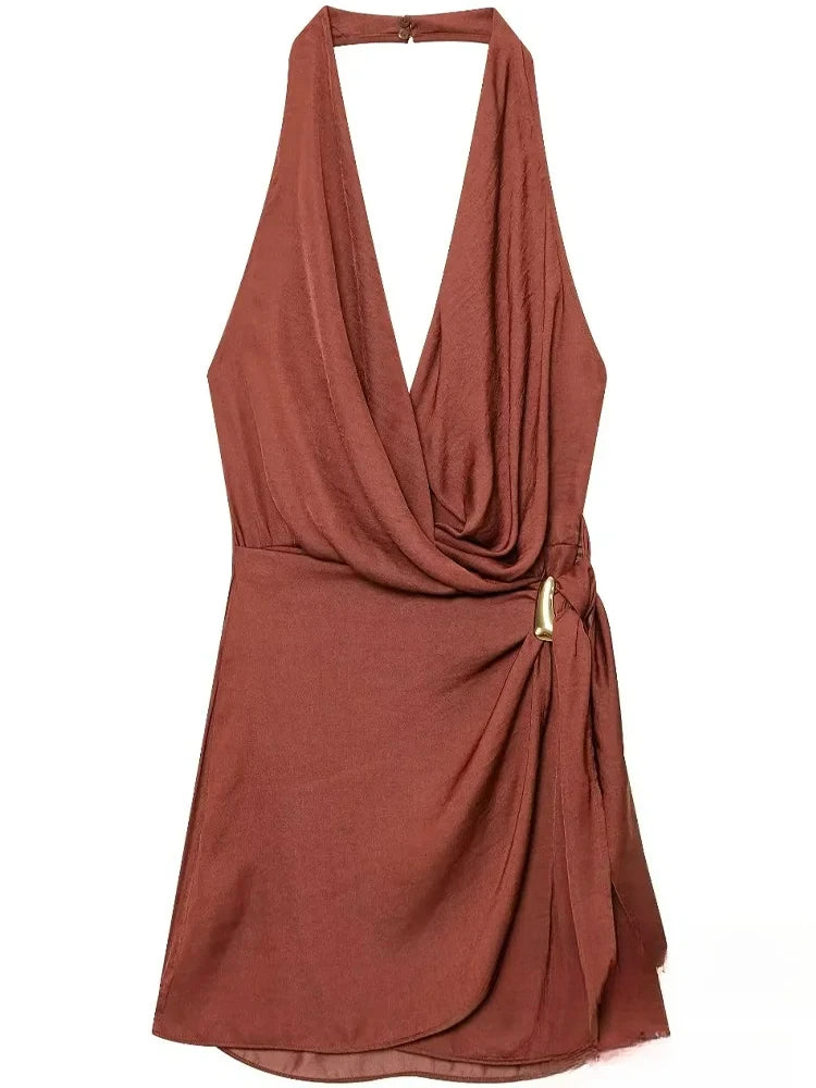 KONDALA Sexy Chic Women Halter Dress Solid Sleeveless Backless Mini Party Dress Fashion 2025 Spring Summer Holiday Beach Dress