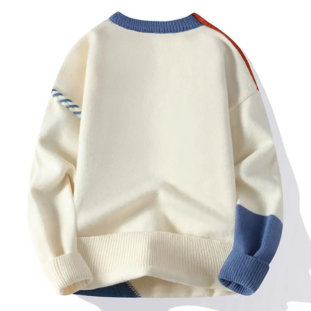 Men Long Sleeve Sweater Men's Winter Colorblock Patchwork Sweater with Irregular Design Round Neck Knit Loose Fit Thick Sport